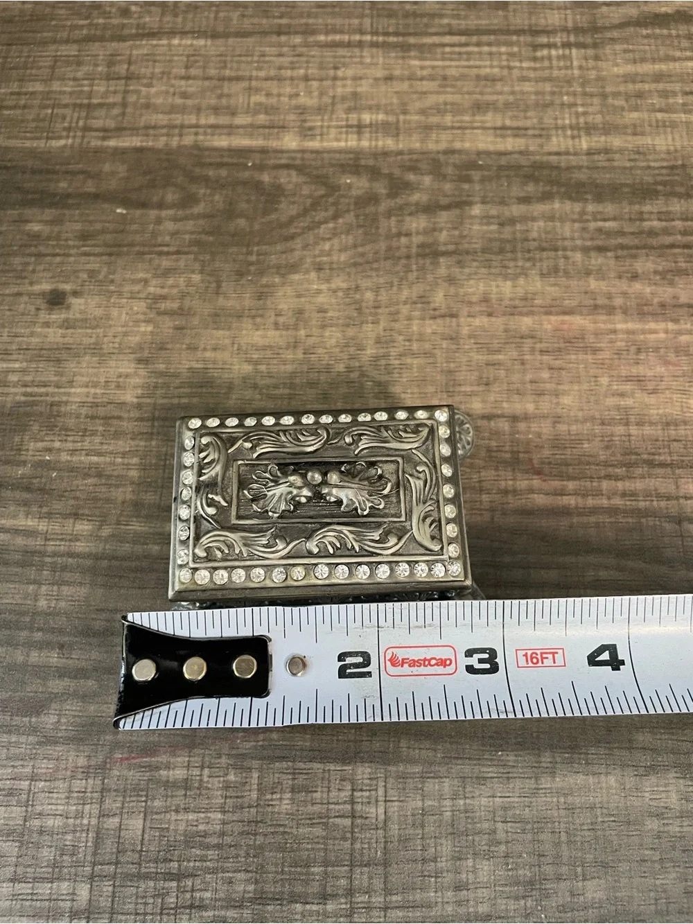 Vintage Ornate Metal Footed Trinket Box Rhinestone Border Small Vanity